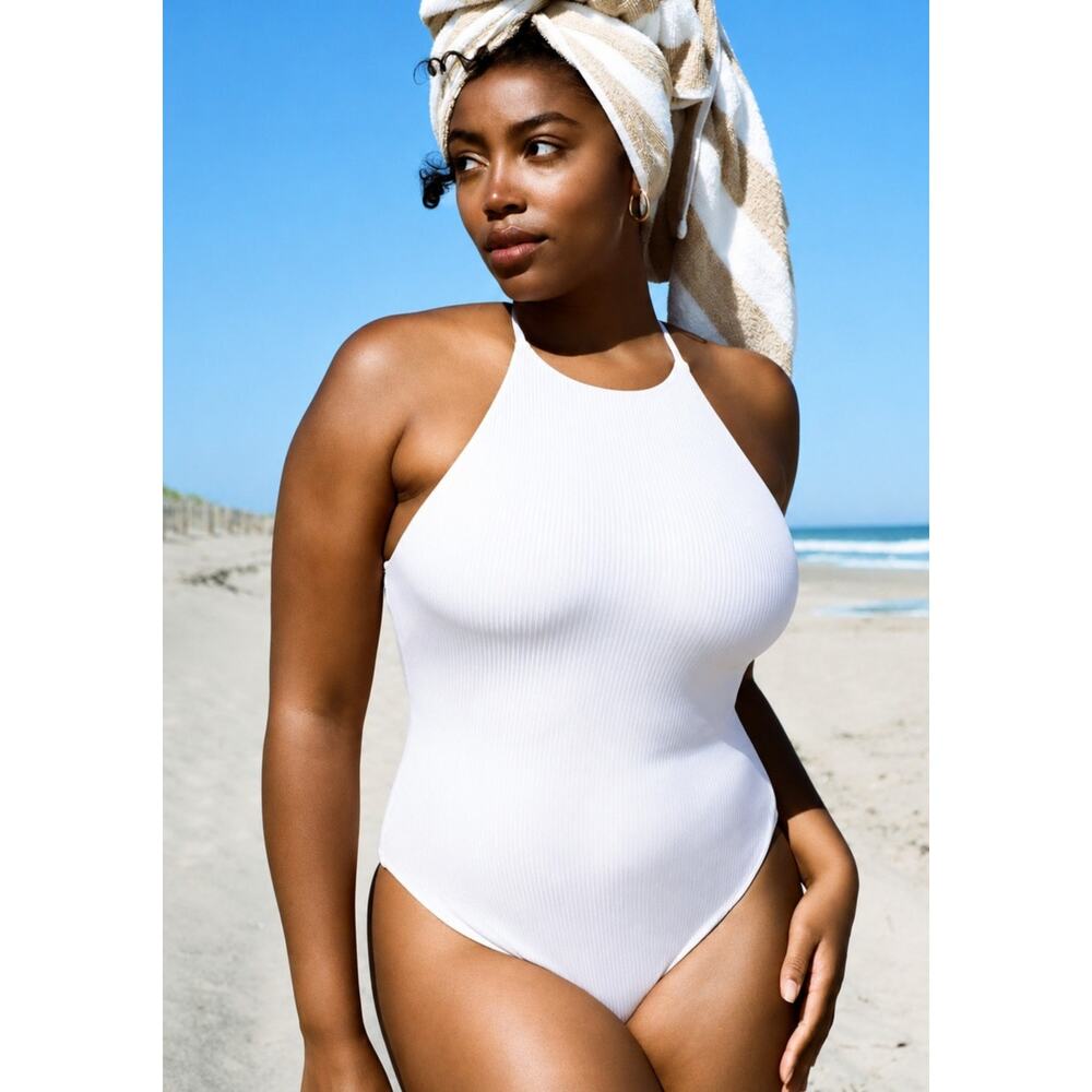 Andie Swim The Asbury Ribbed One Piece Swimsuit in Coconut White L NWT